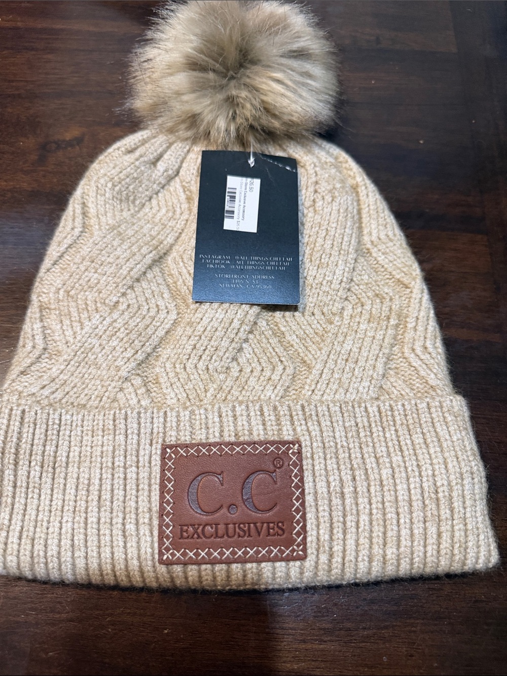 C.C Tan Beanie with Faux Fur Pom